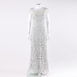 Tadashi Shoji Silver Embroidered Lace Evening Gown